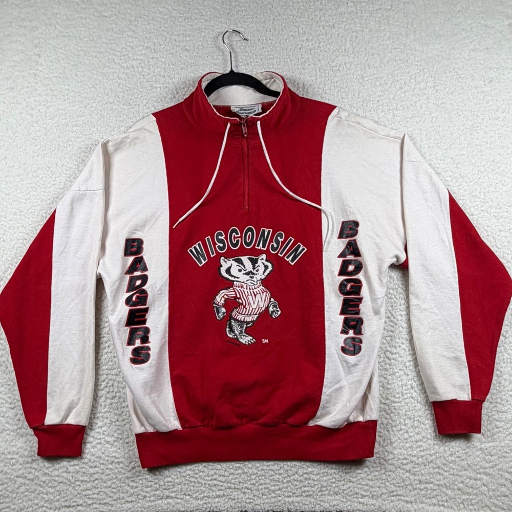 Vtg Hummer Sportswear Wisconsin Badgers Bucky Sweatshirt Mens Quarter Zip XL Red